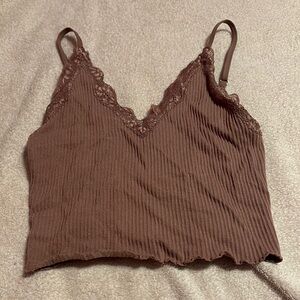 Brown Lace Trim Ribbed Camisole Top